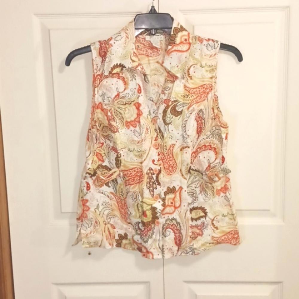 TWEEDS 100% linen sleeveless button down blouse top - M - coral/beige/cream